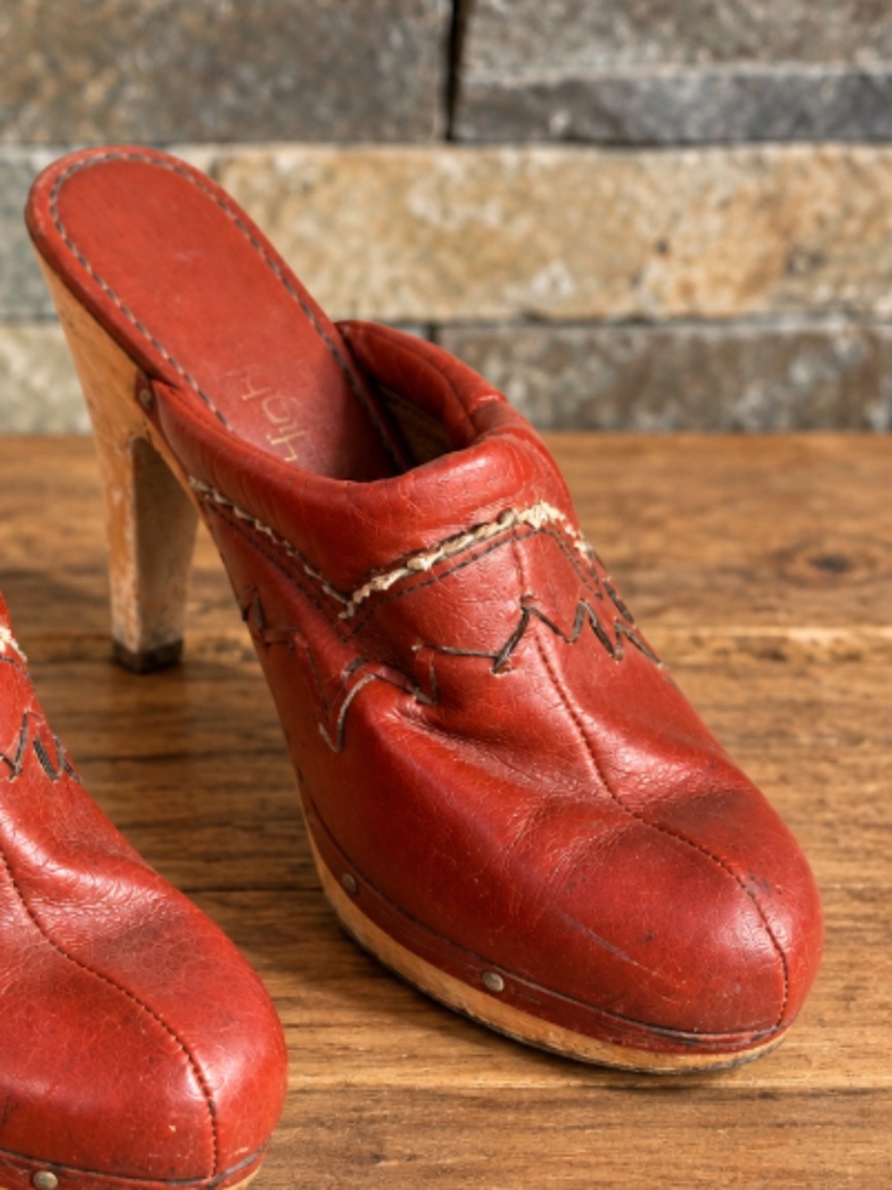 Vintage 1970s Red Leather Wood Platform Mule Clogs Heels
